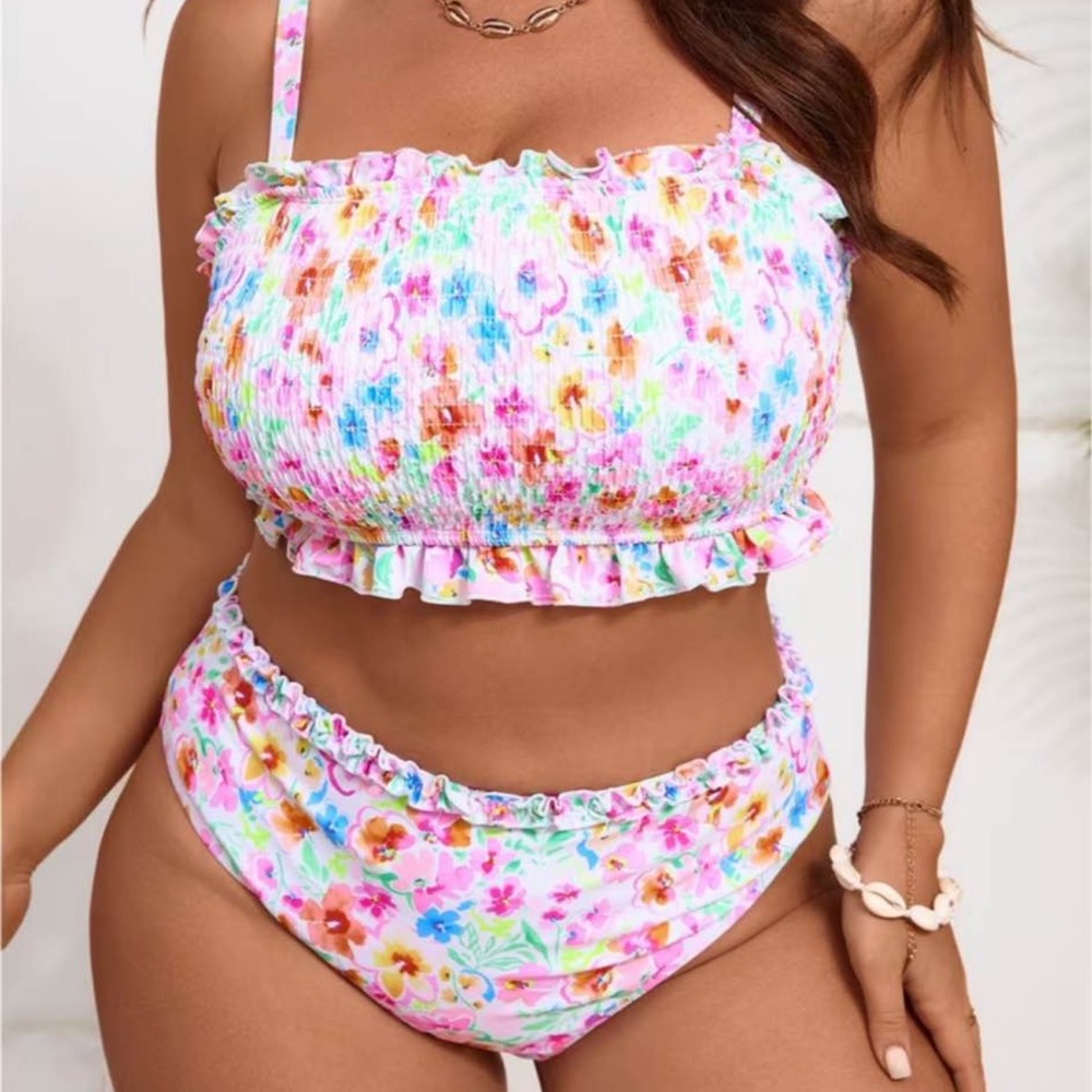 Floral Smocked Two-Piece Swim Set in Pastel Pink